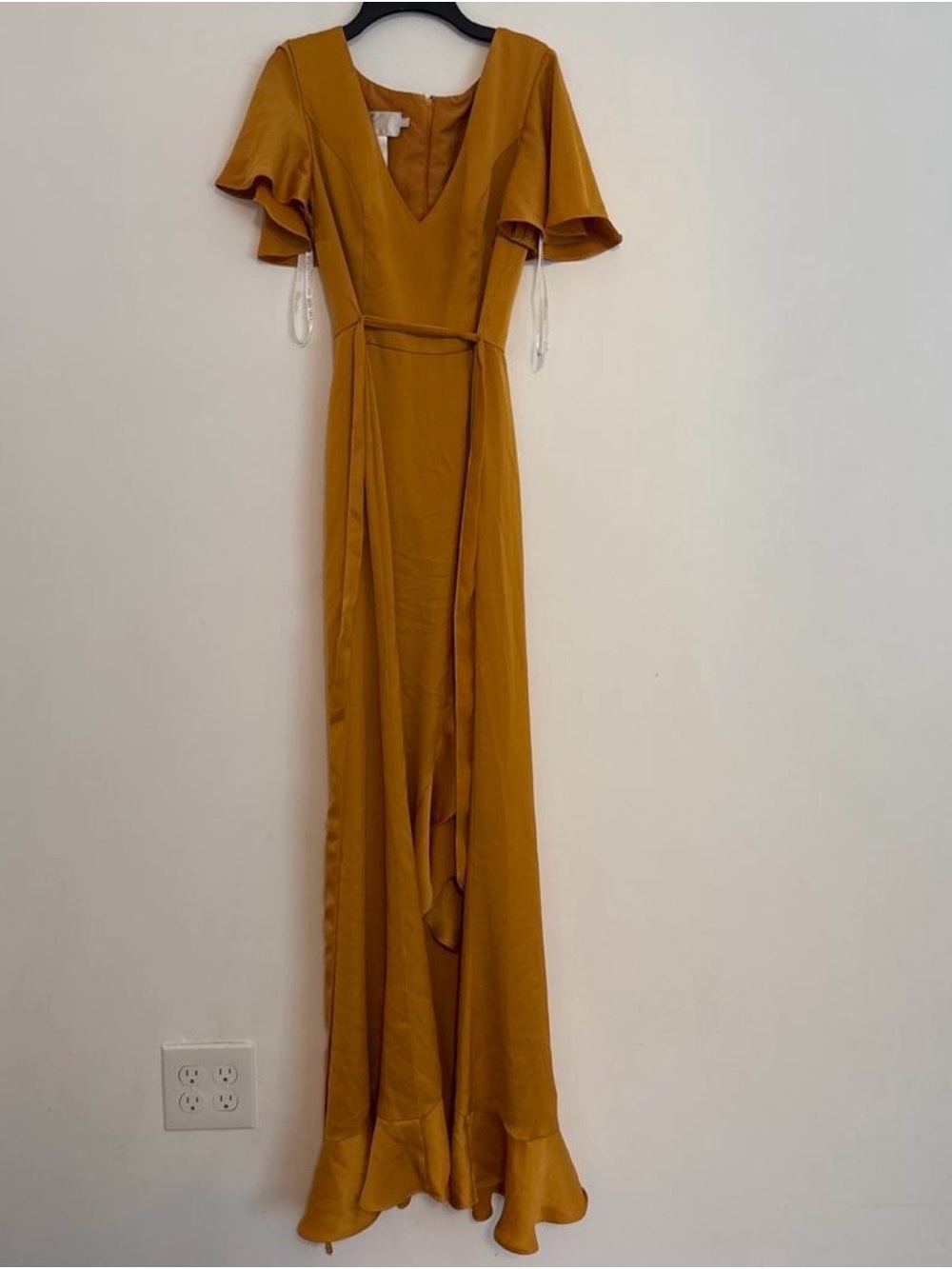 David's Bridal Mustard Flutter-Sleeve V-Neck Maxi Dress